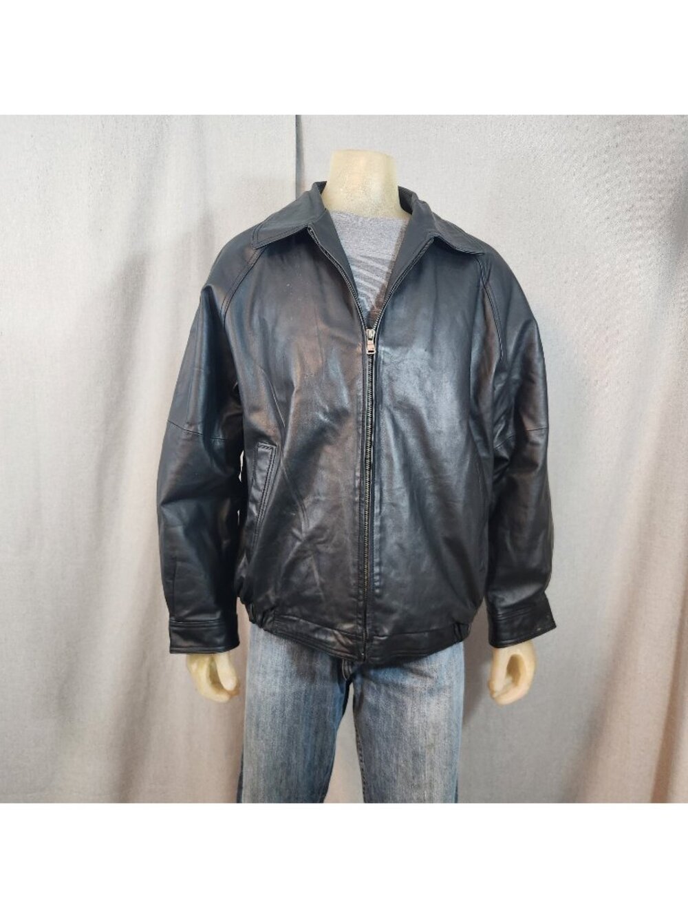 Bill Blass Black Collared Full Zip Front Leather Shell Jacket Coat LARGE